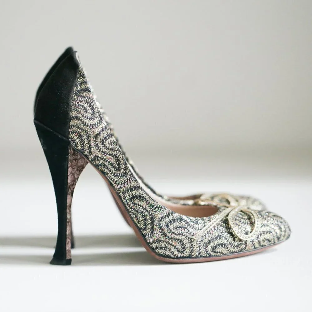 Nina Ricci High-Heel Glitter Black  Suede Pumps